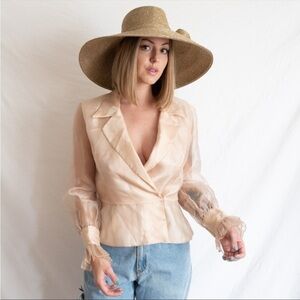 Vintage Jessica Howard Blouse Sheer Pink Ruffle Sleeves Blazer Women’s 6P Petite